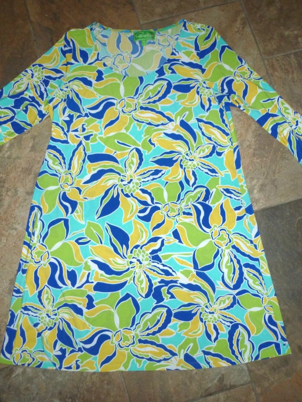 Pappagallo Women XL Vibrant Knee Length Long Sleeve Dress Blue/Green/Yellow/aqua